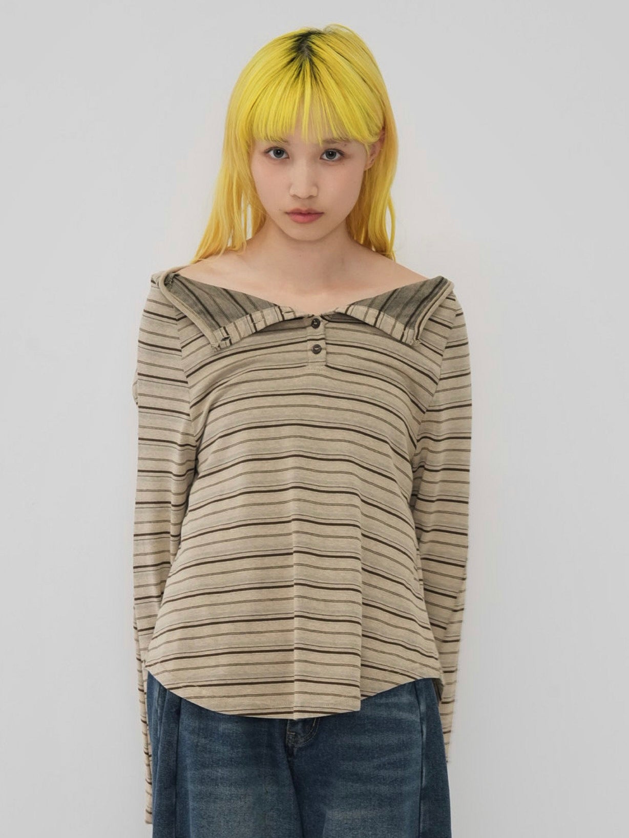 stripe button off shoulder t