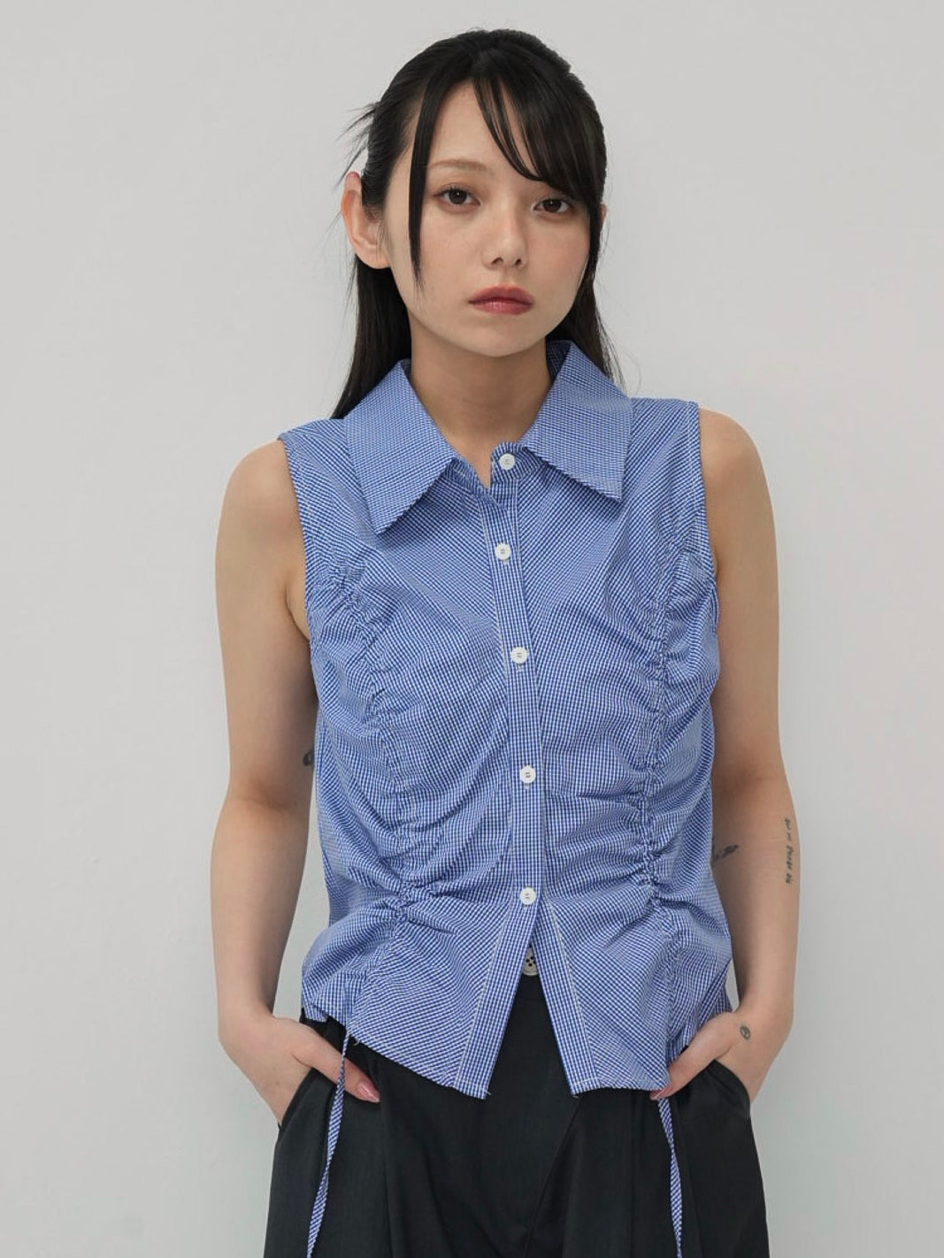 shirring check halter tops