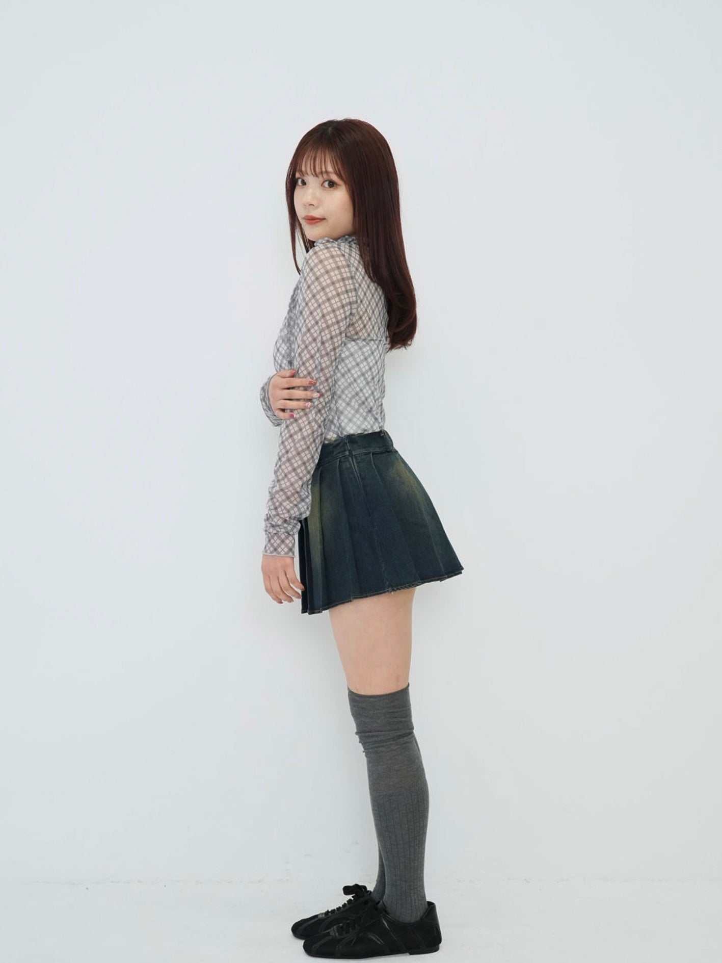 neck ribbon check sheer tops