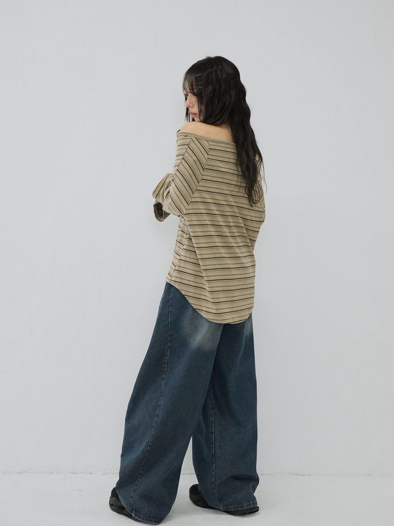 stripe button off shoulder t