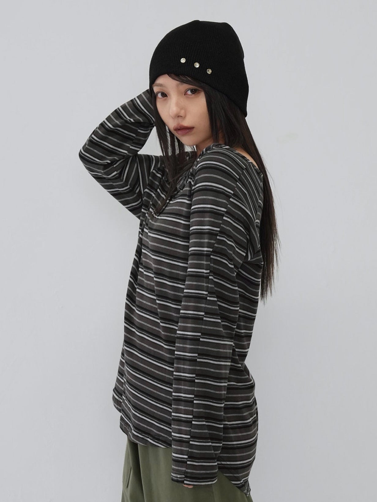 stripe button off shoulder t