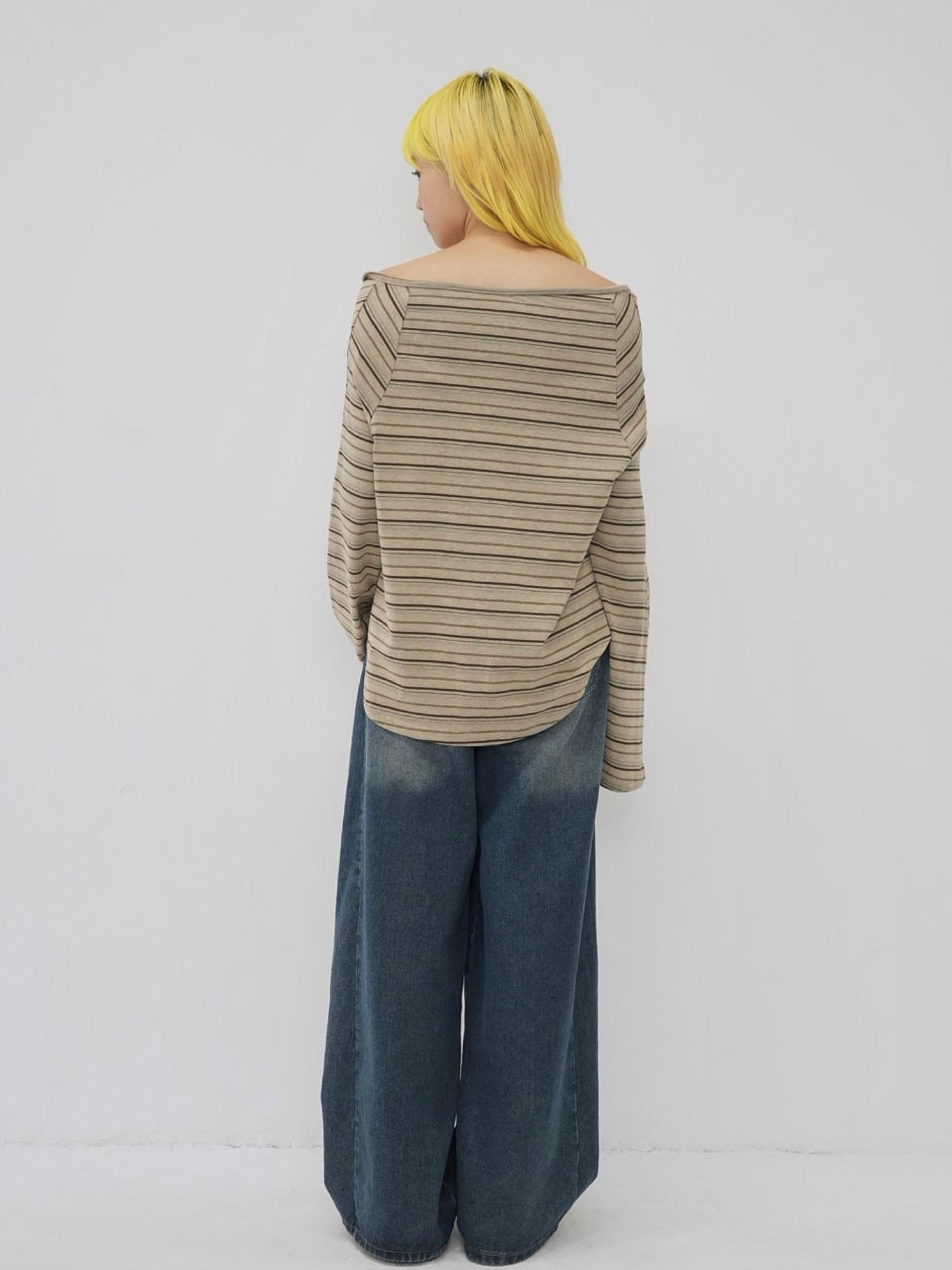 stripe button off shoulder t