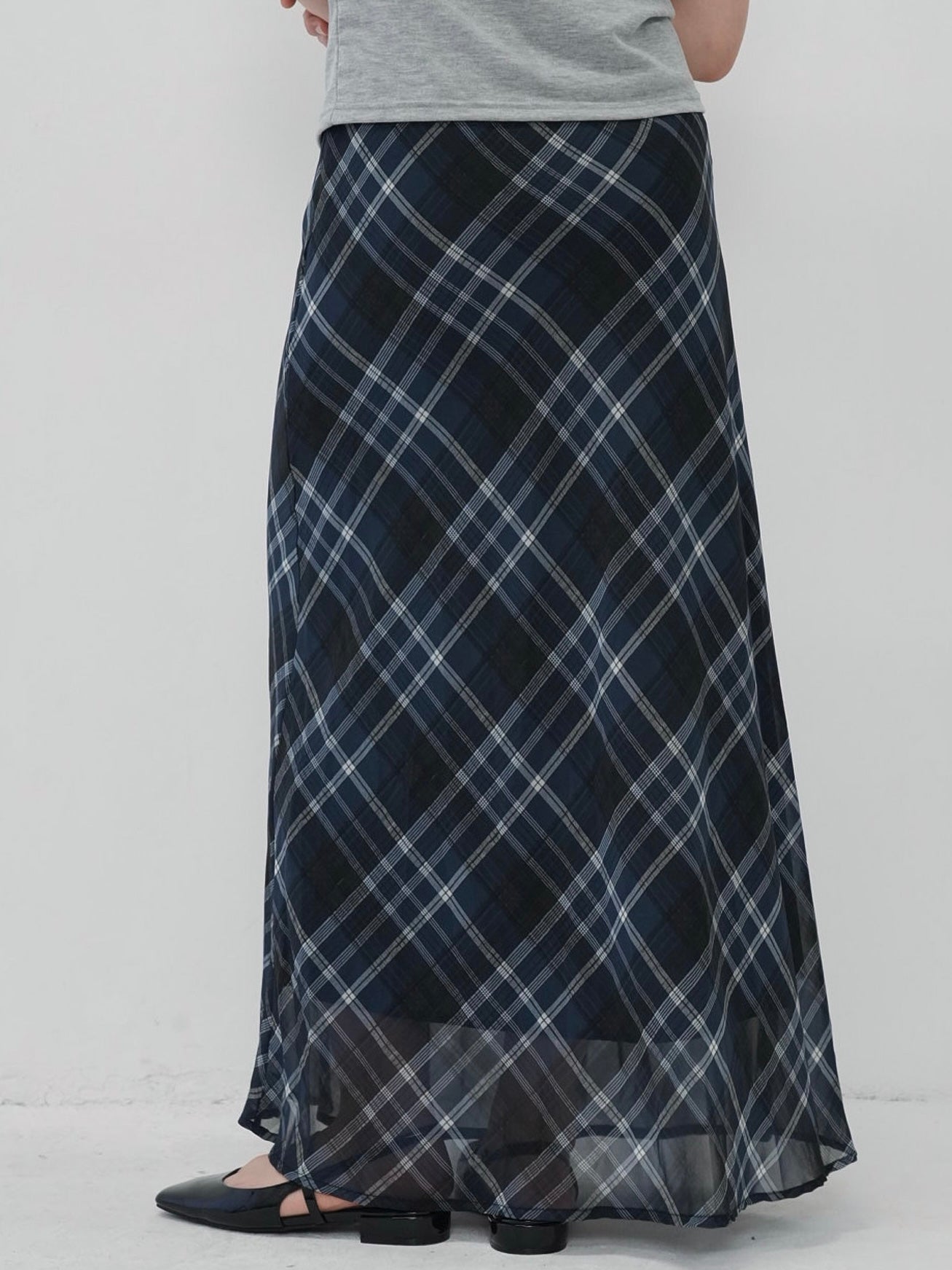 check sheer long skirt