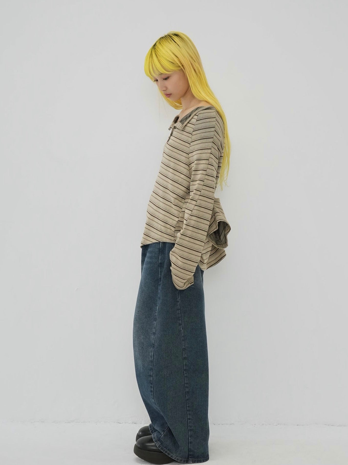 stripe button off shoulder t