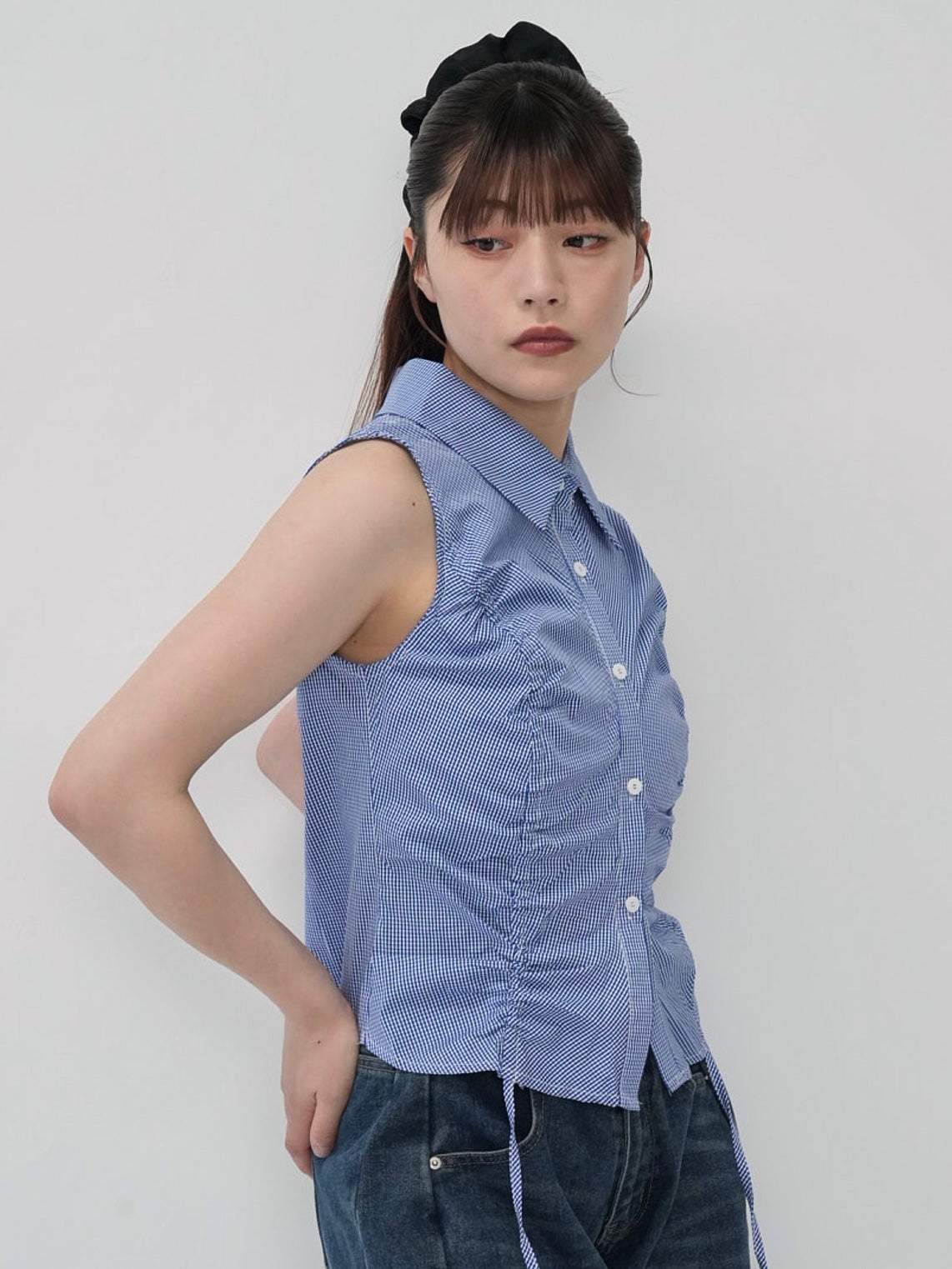 shirring check halter tops