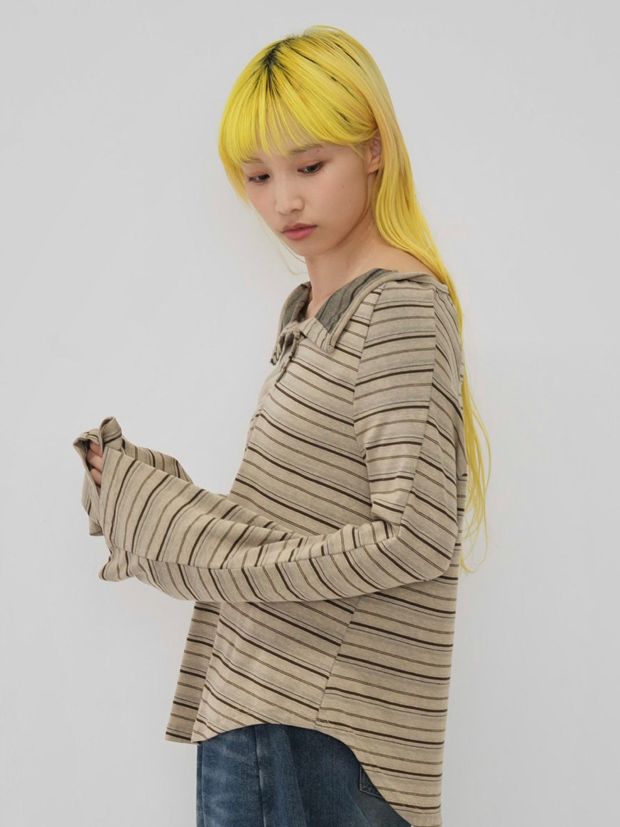 stripe button off shoulder t