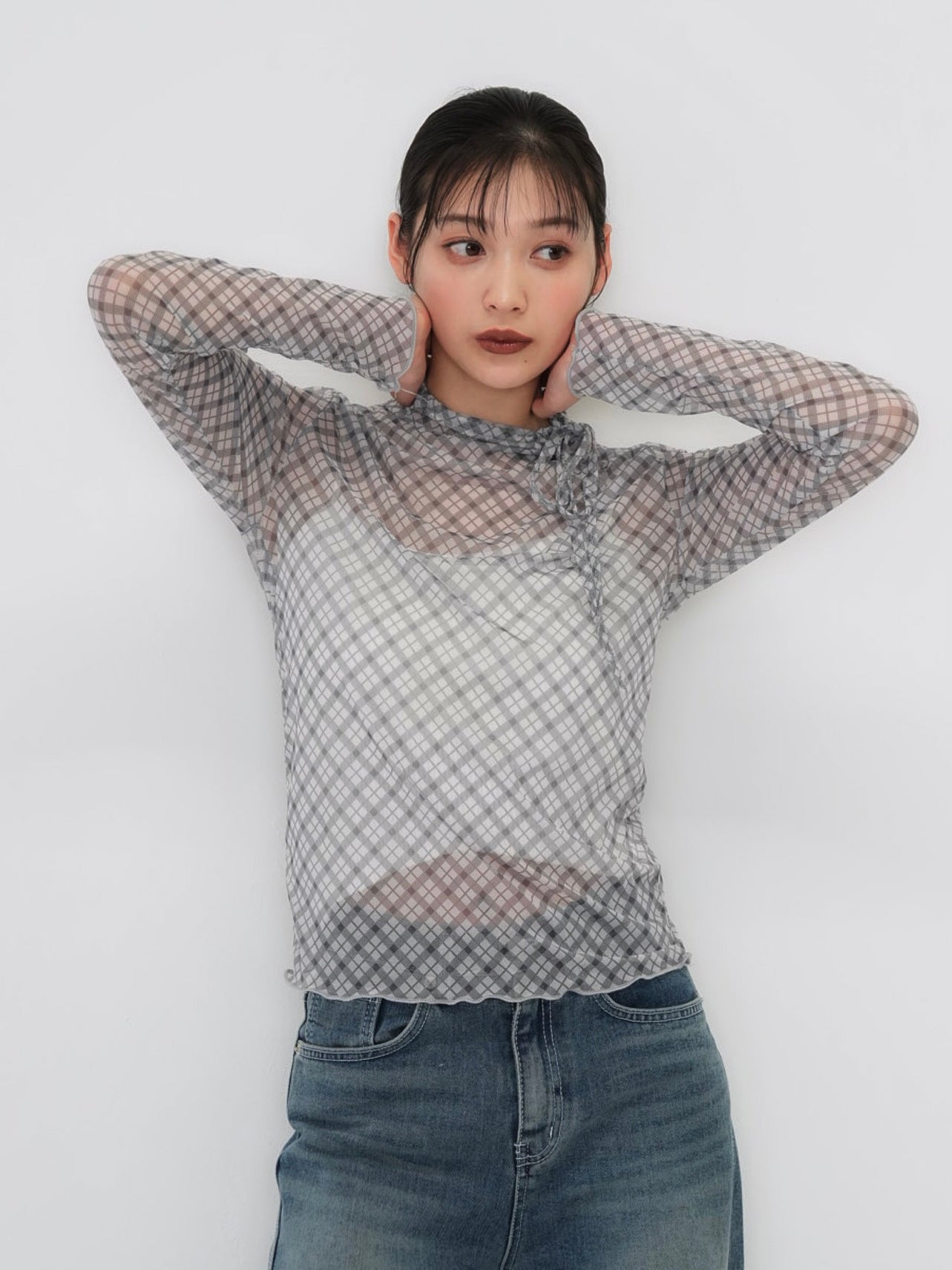 neck ribbon check sheer tops