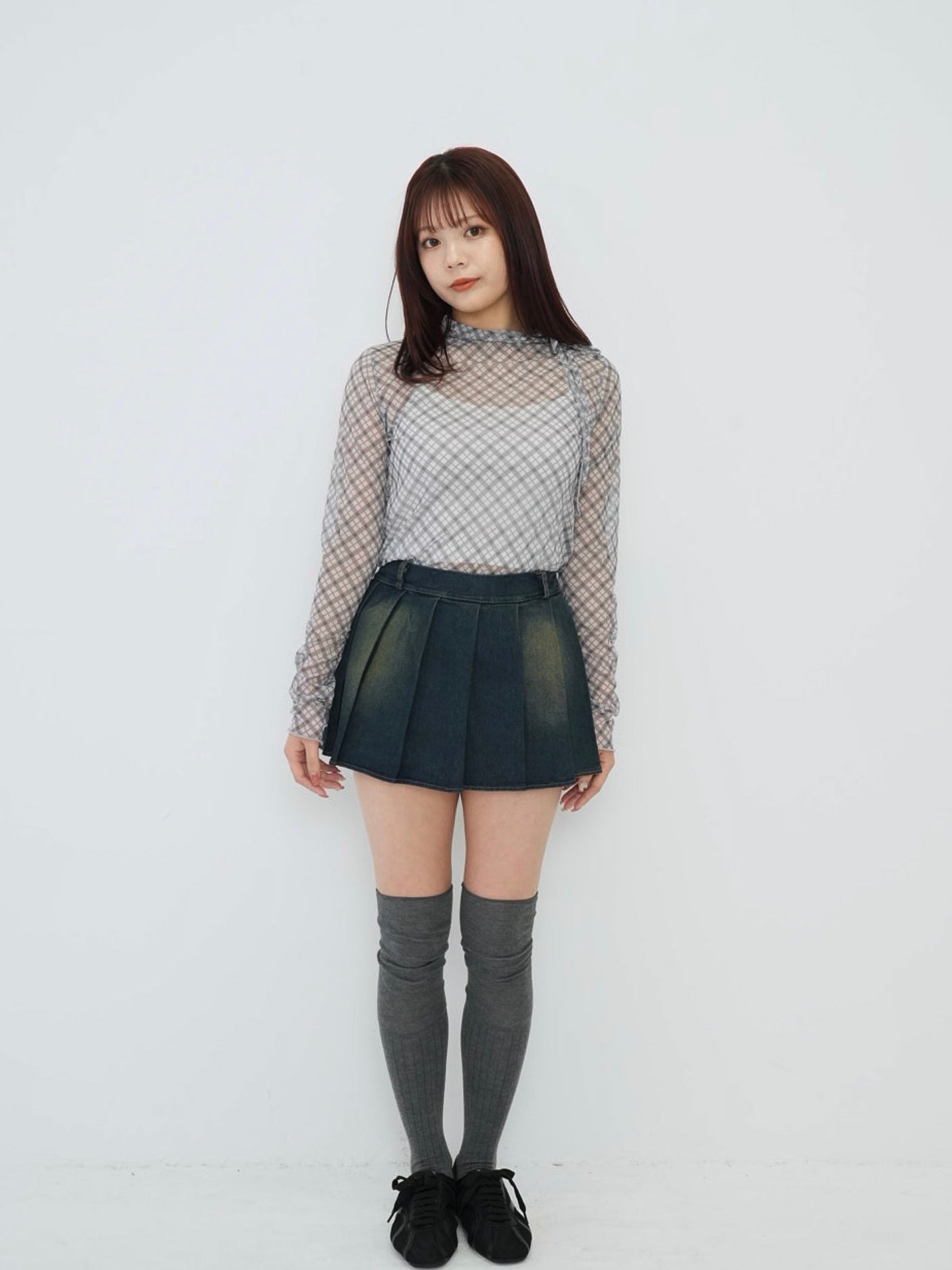 neck ribbon check sheer tops