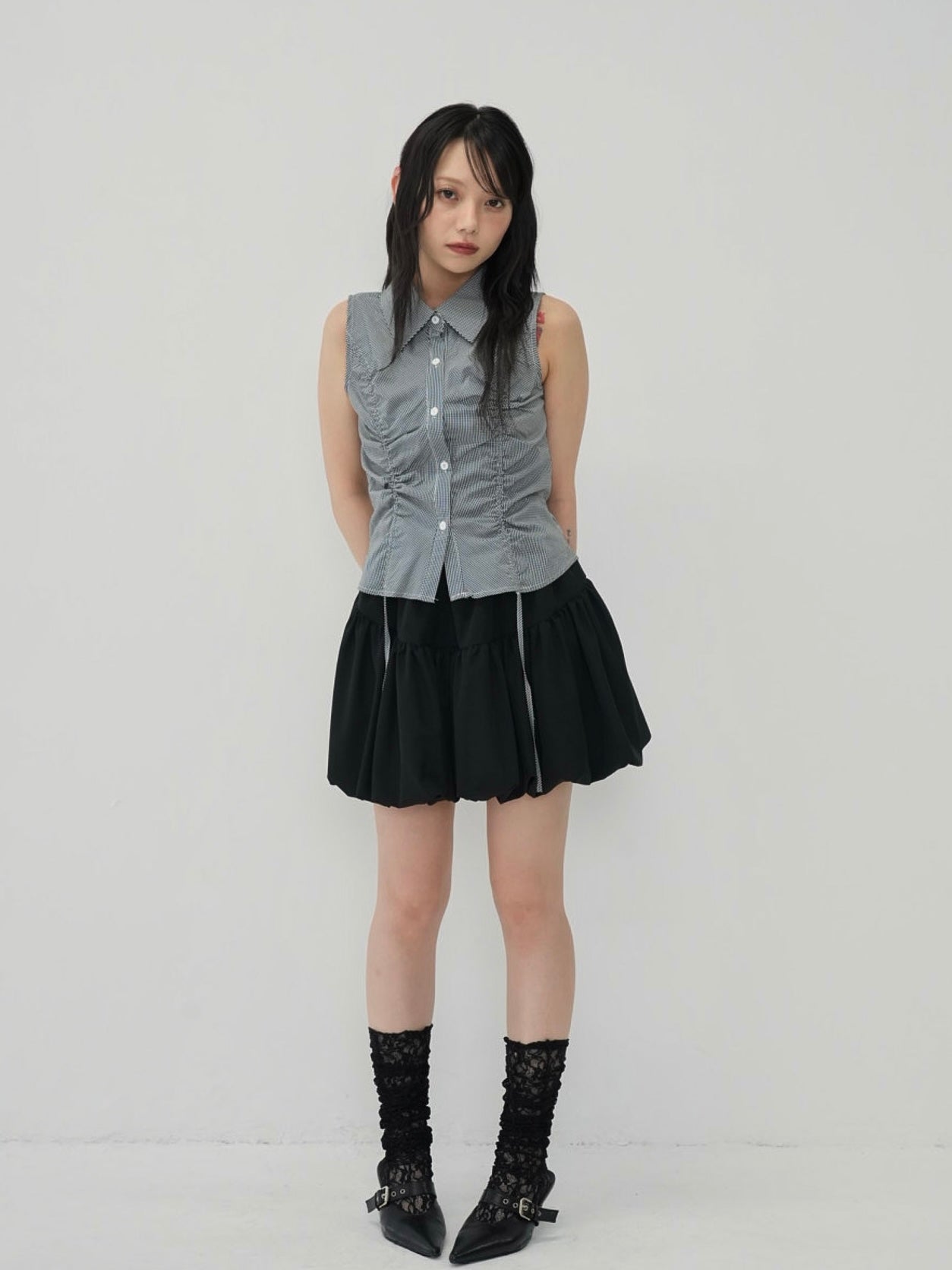 shirring check halter tops