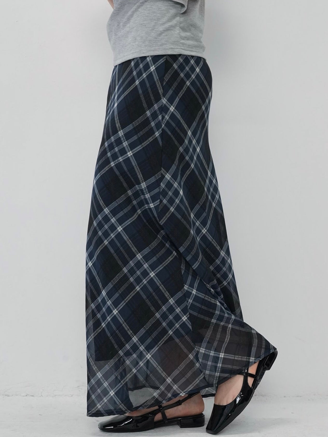 check sheer long skirt