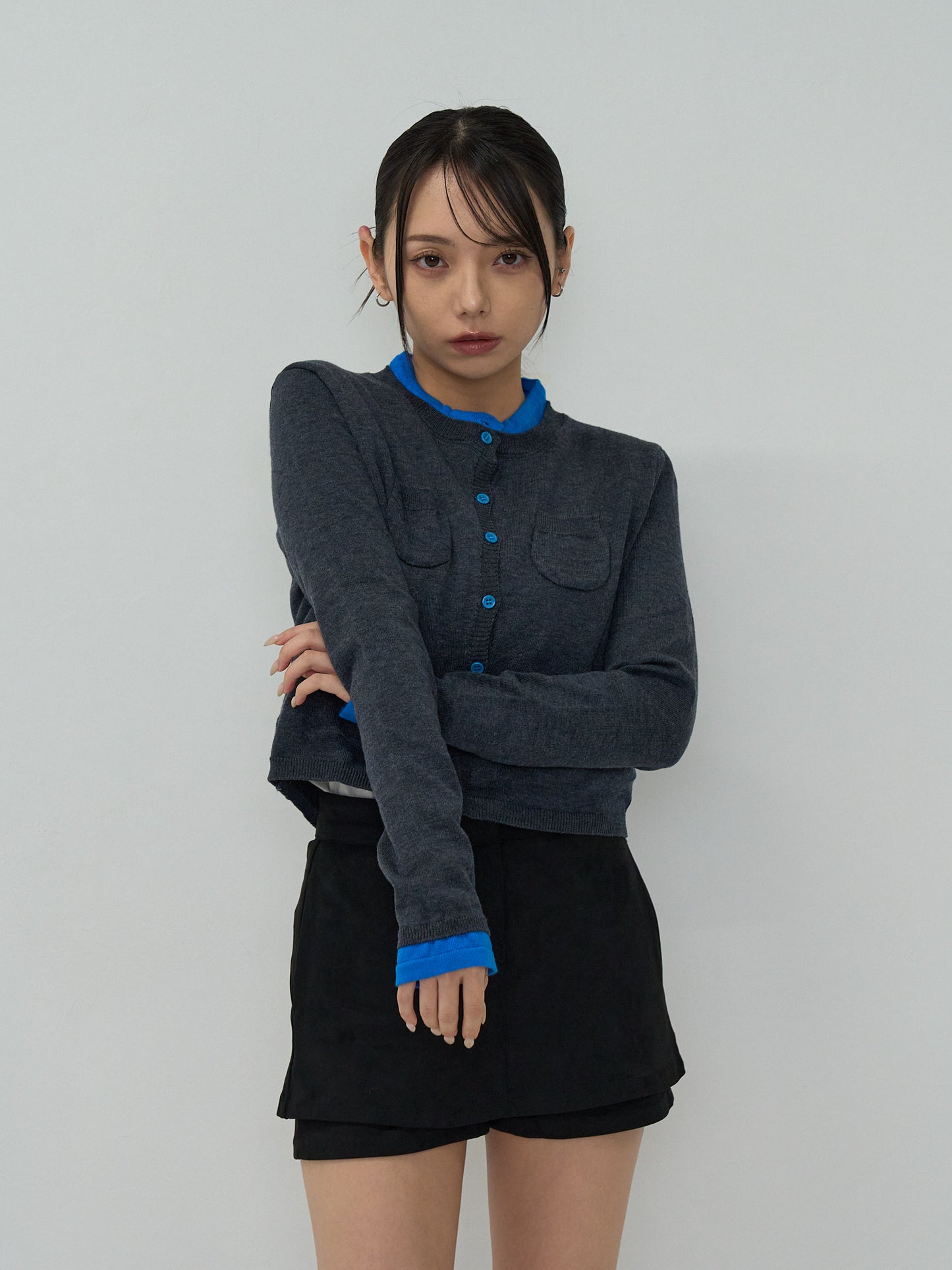 layered crew neck cardigan