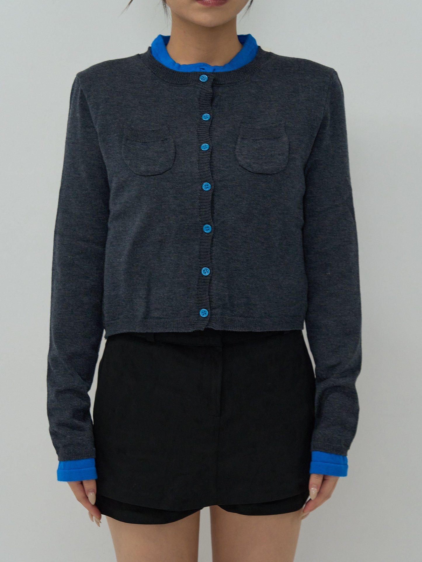 layered crew neck cardigan