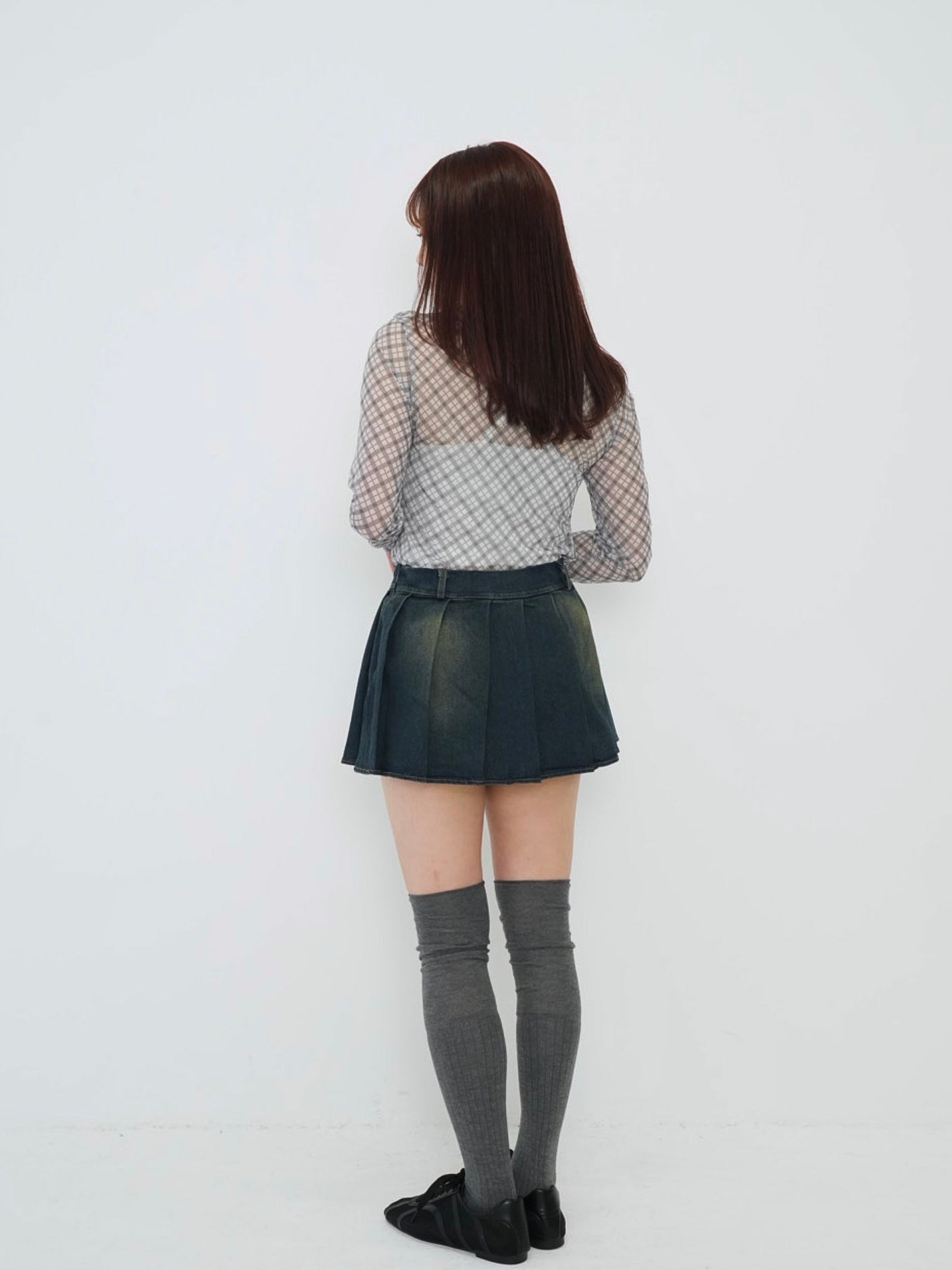 neck ribbon check sheer tops