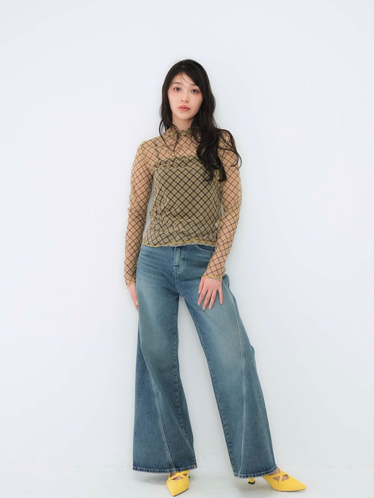 neck ribbon check sheer tops