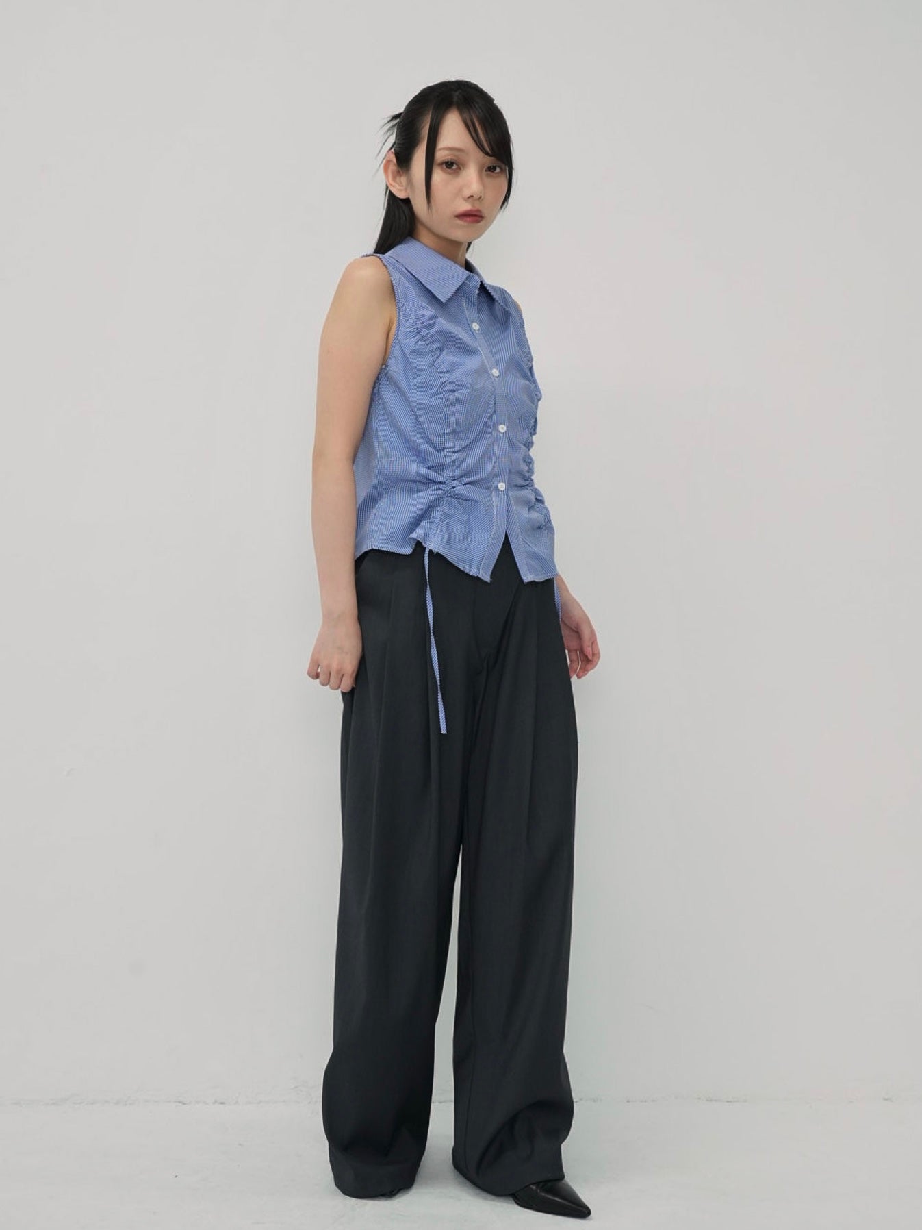 shirring check halter tops