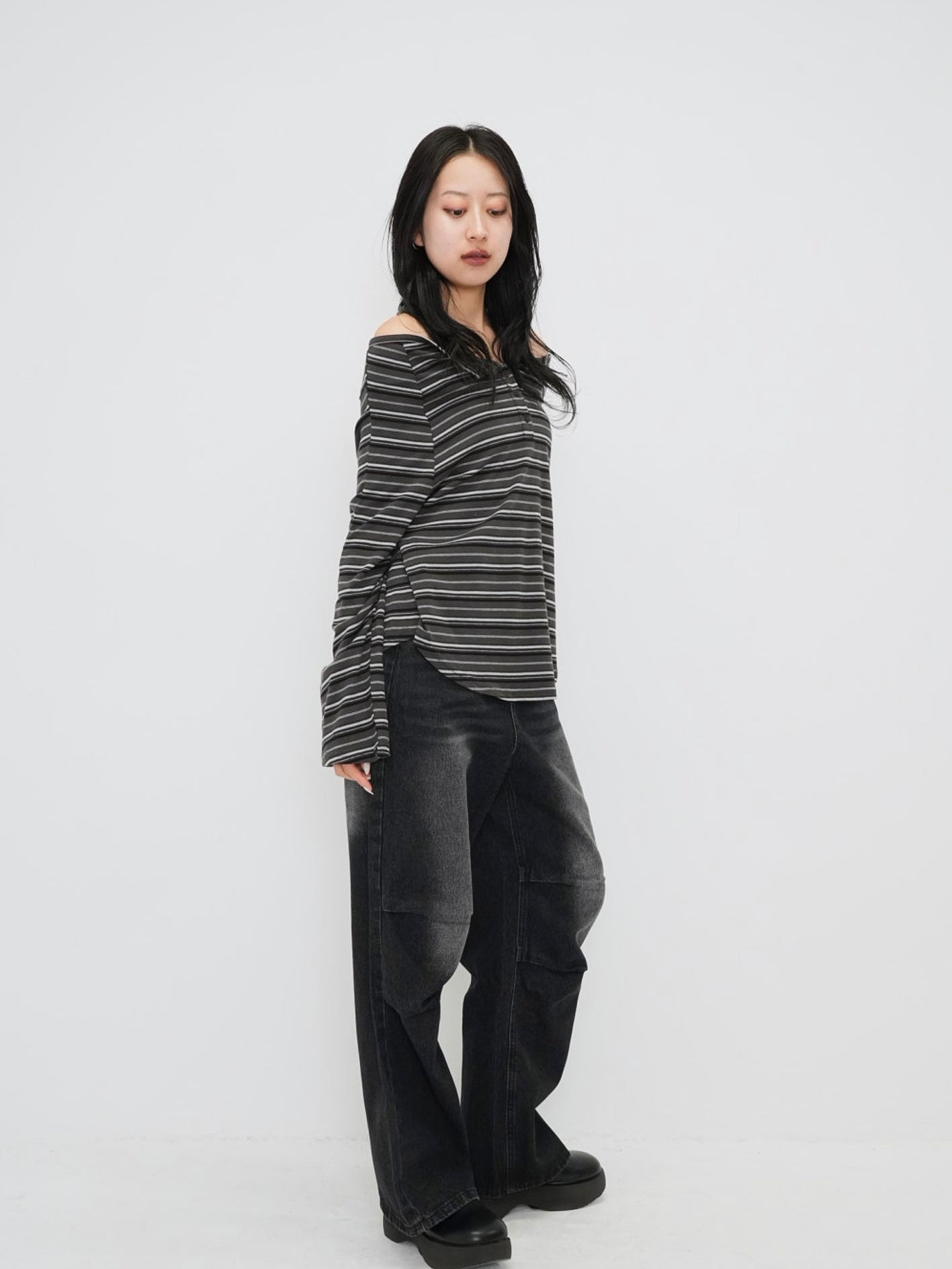stripe button off shoulder t