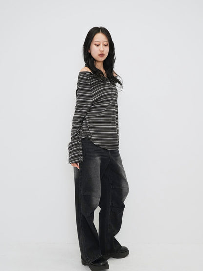 stripe button off shoulder t