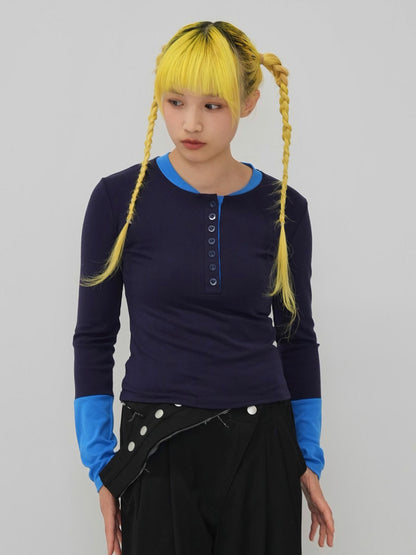 half button bicolor tops