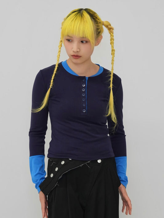 half button bicolor tops