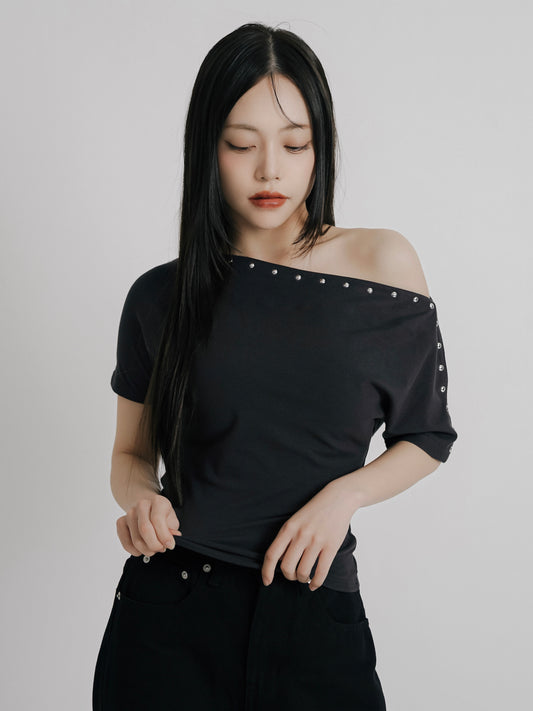 studs off shoulder half sleeve tops