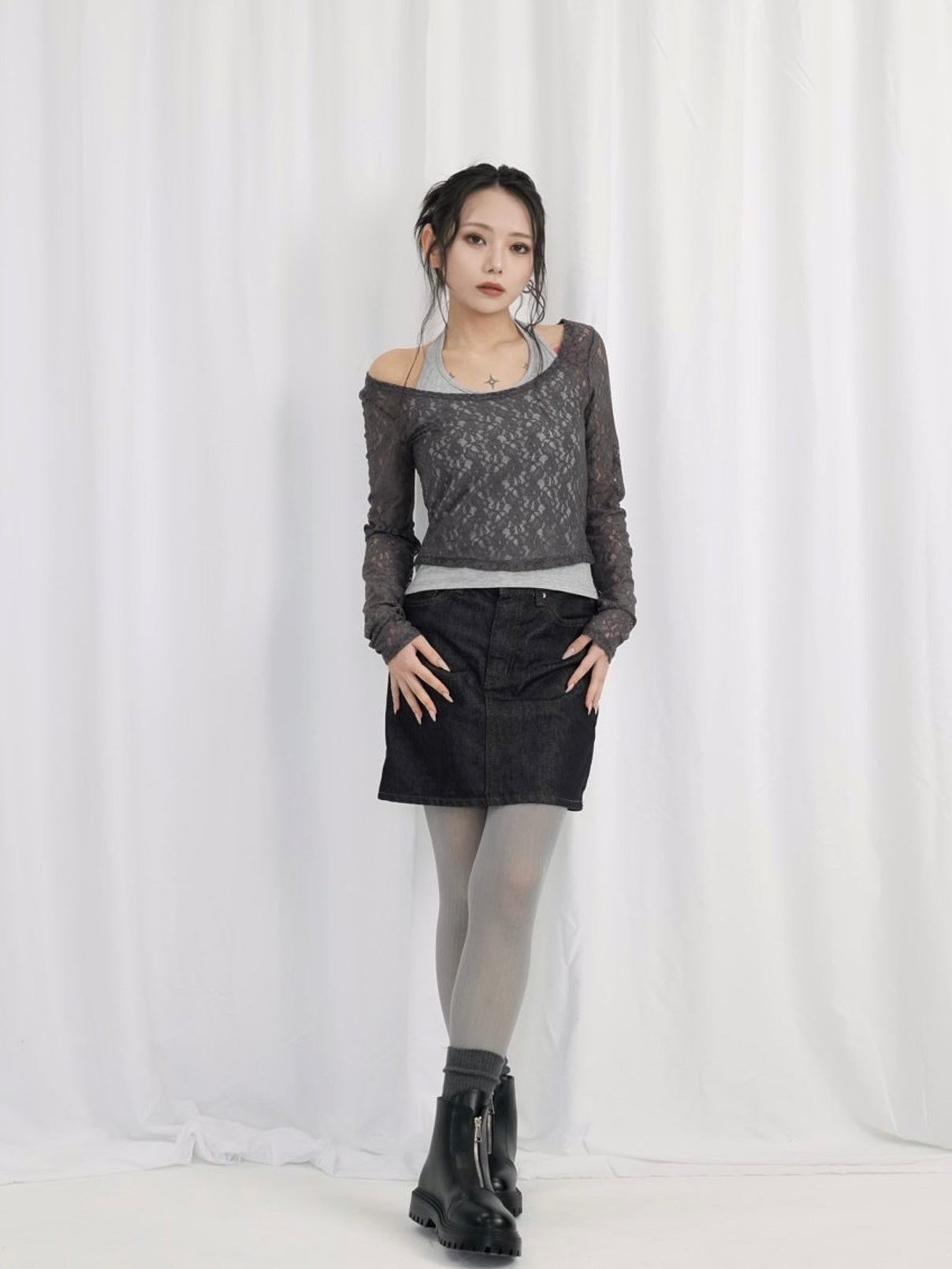 layered lace halter tops｜インナーキャミ一体型レースハルター
