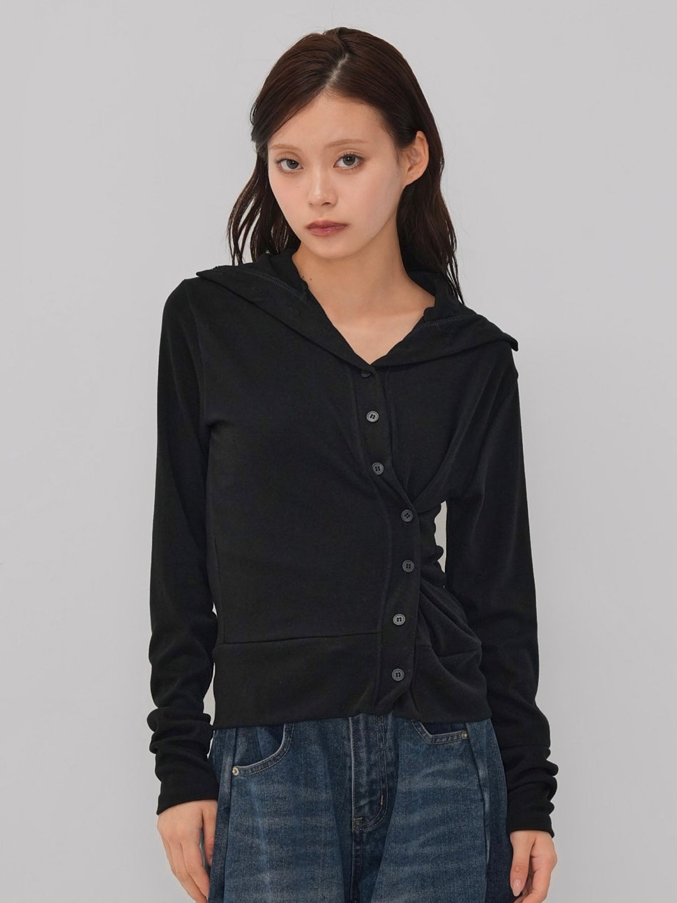 high neck twist button cardigan