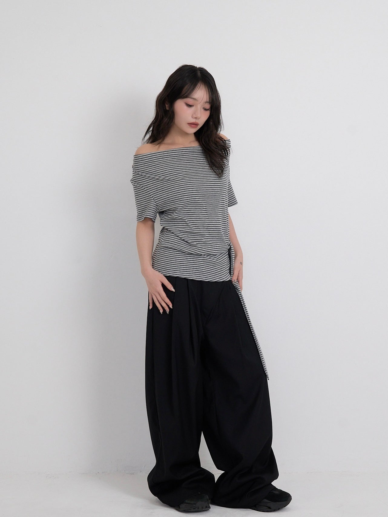 waist tie stripe tops