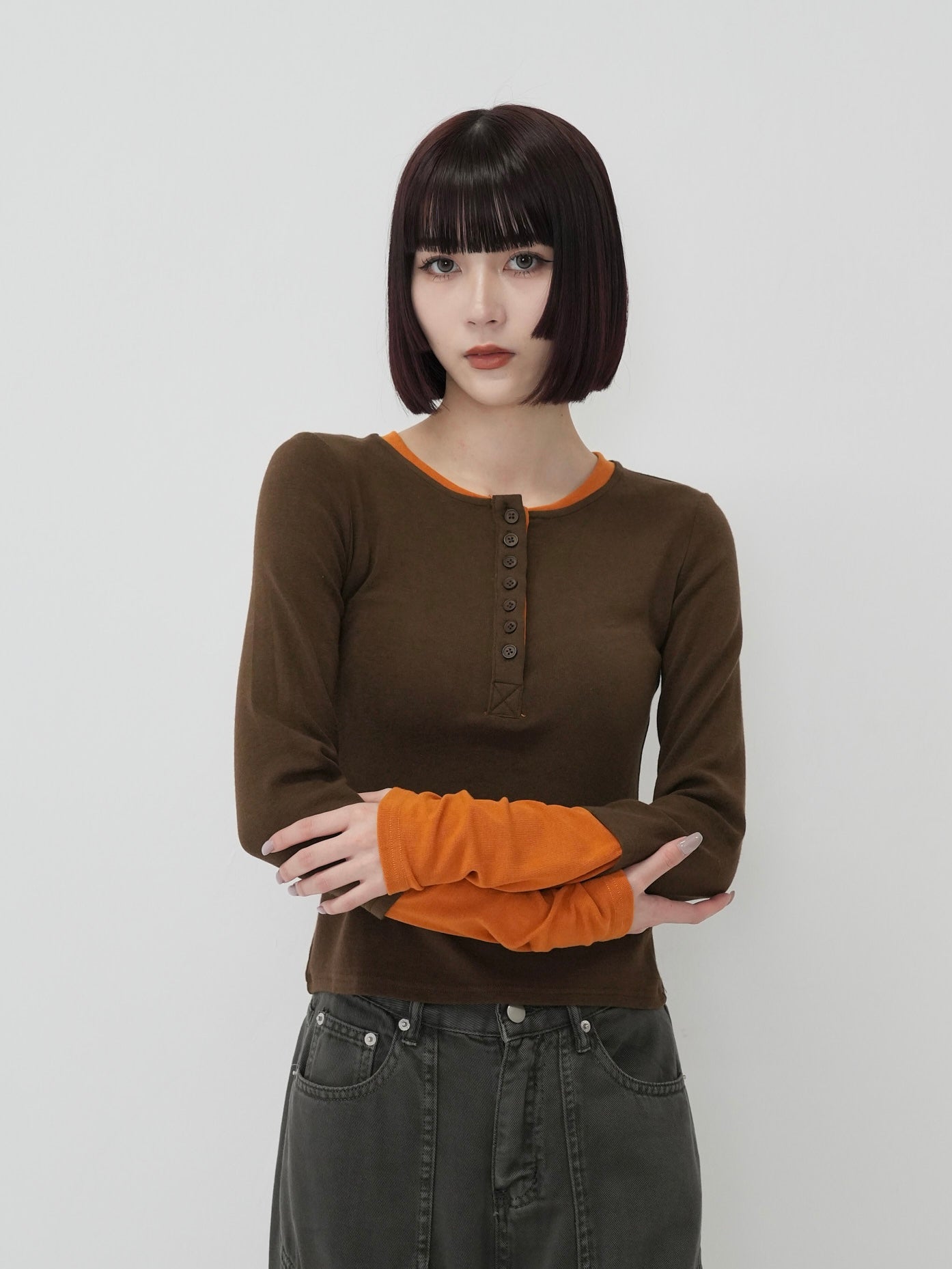 half button bicolor tops