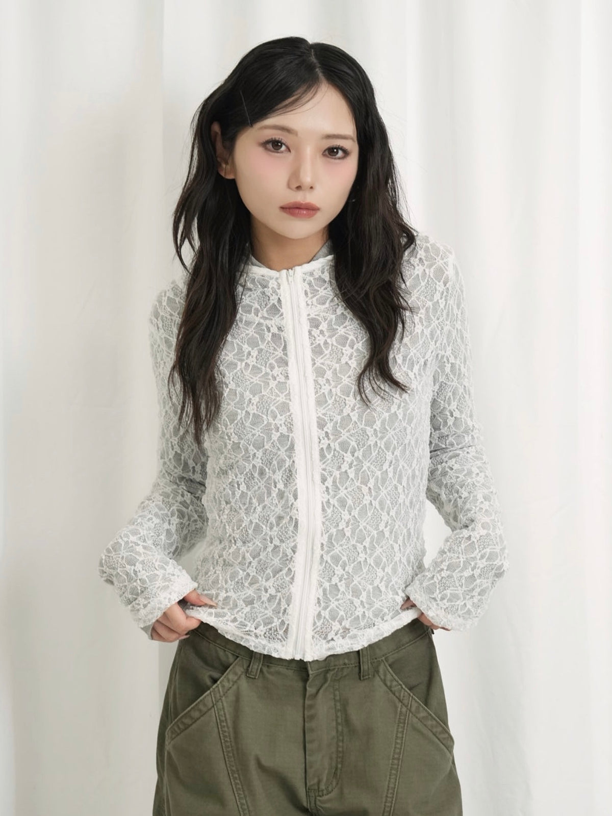 lace zip up tops
