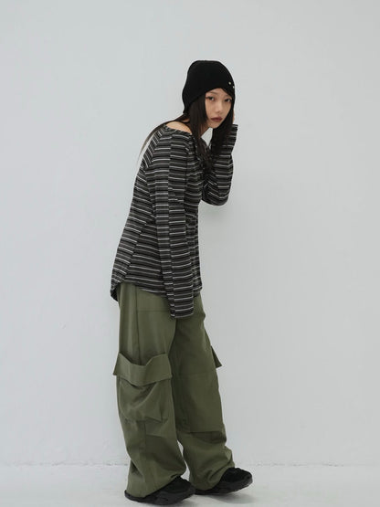 stripe button off shoulder t