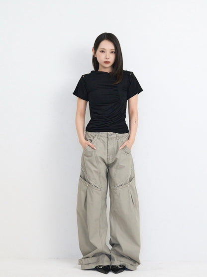 ‫low rise cargo pocket wide pants ‬