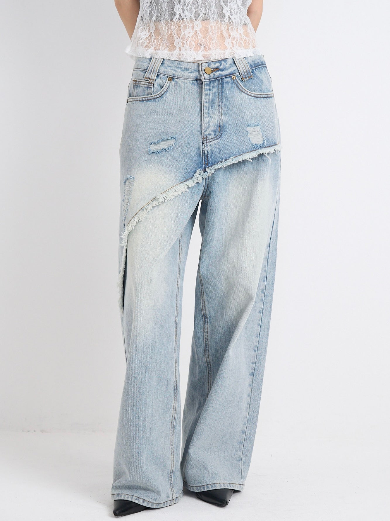 curved panel denim pants