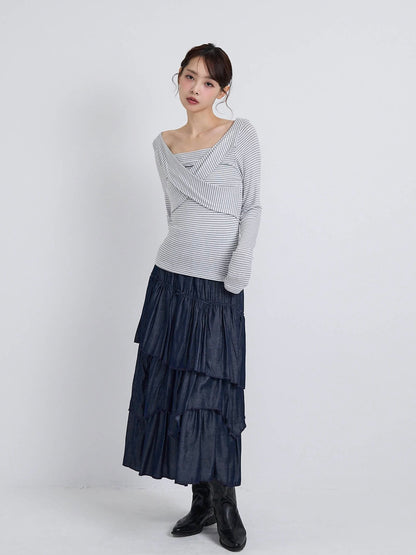 volume denim tiered skirt