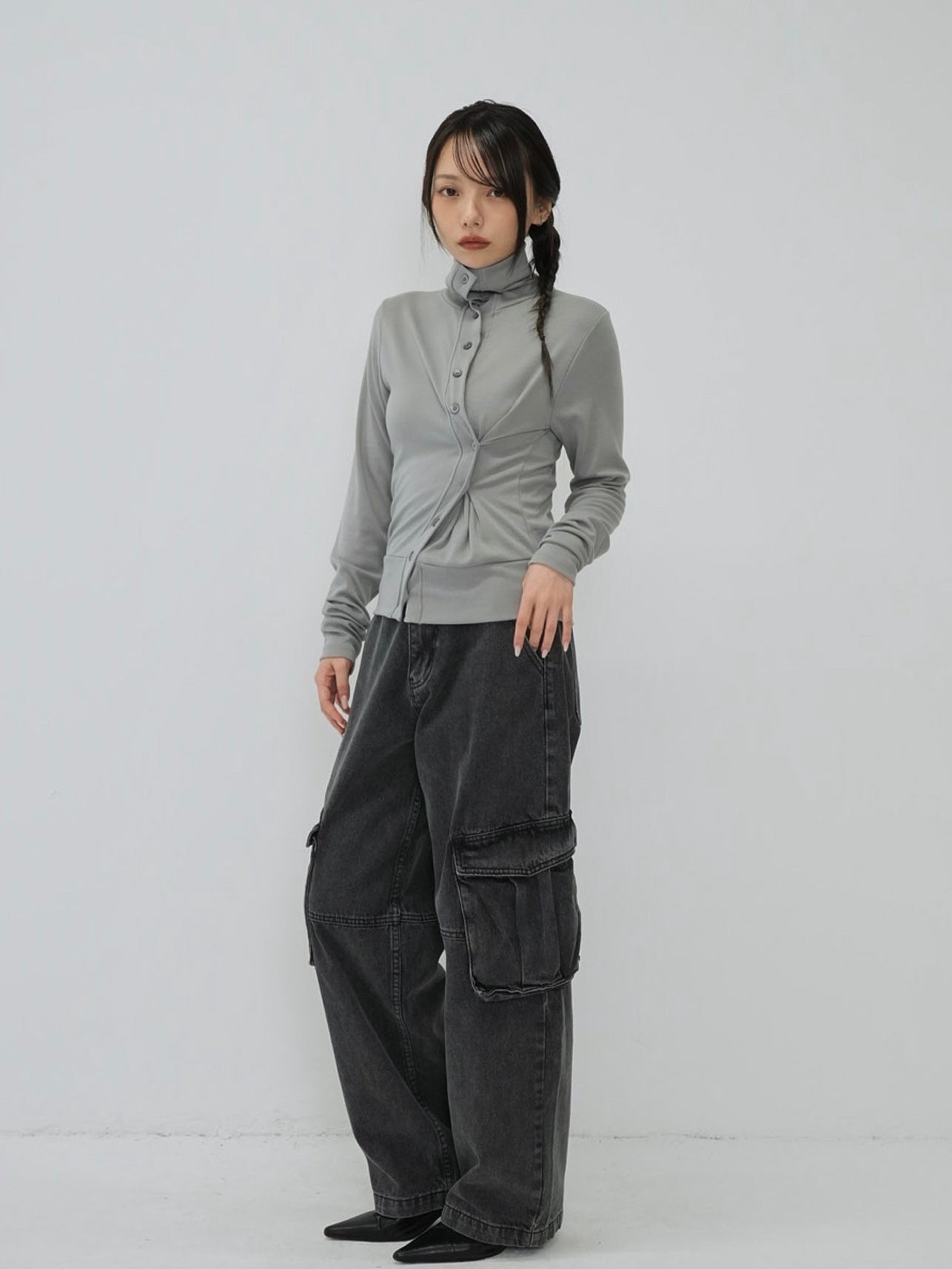 high neck twist button cardigan