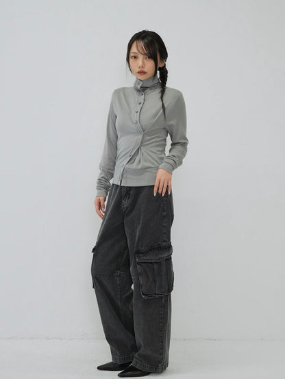 high neck twist button cardigan