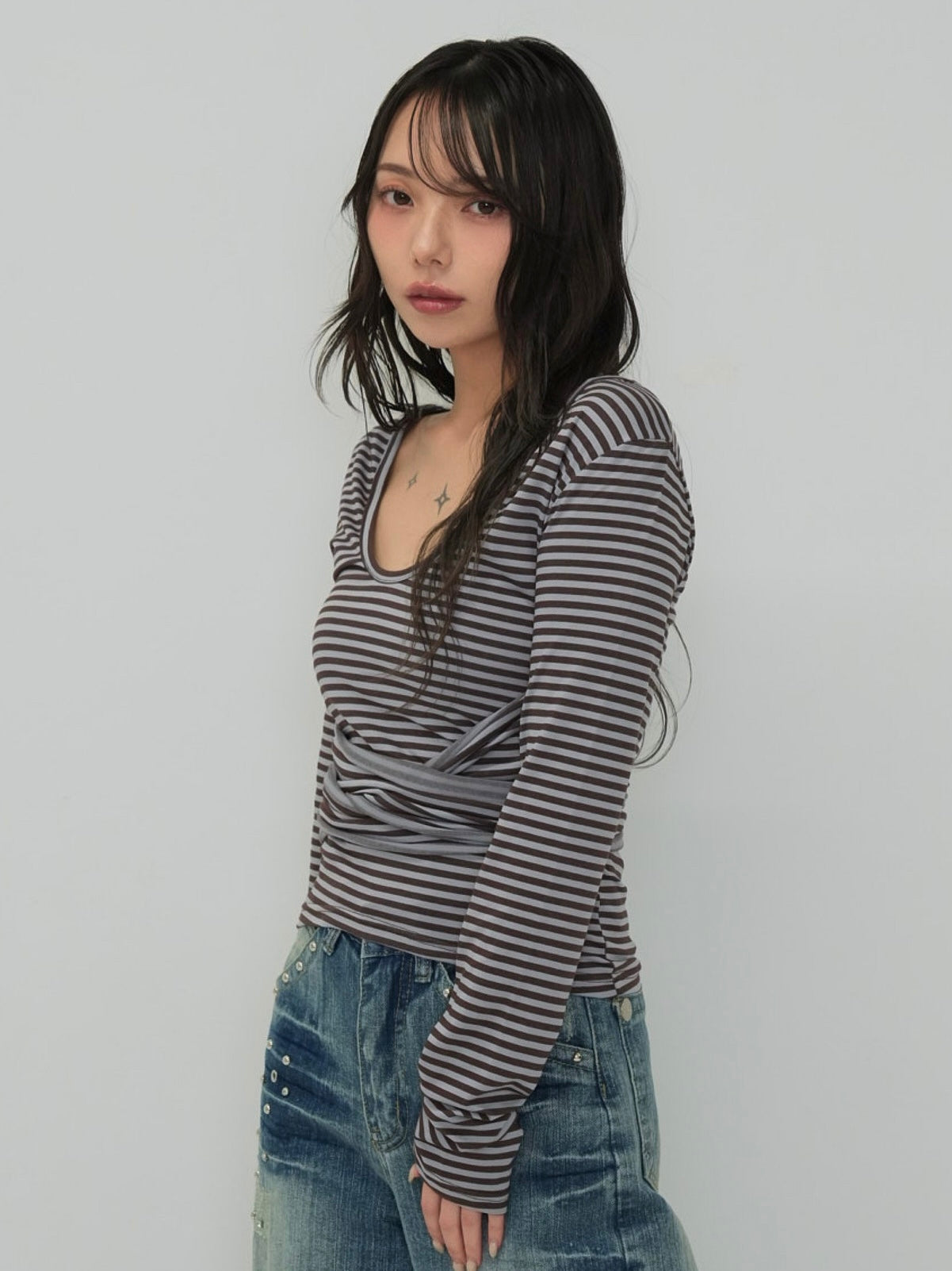 stripe waist wrap tops