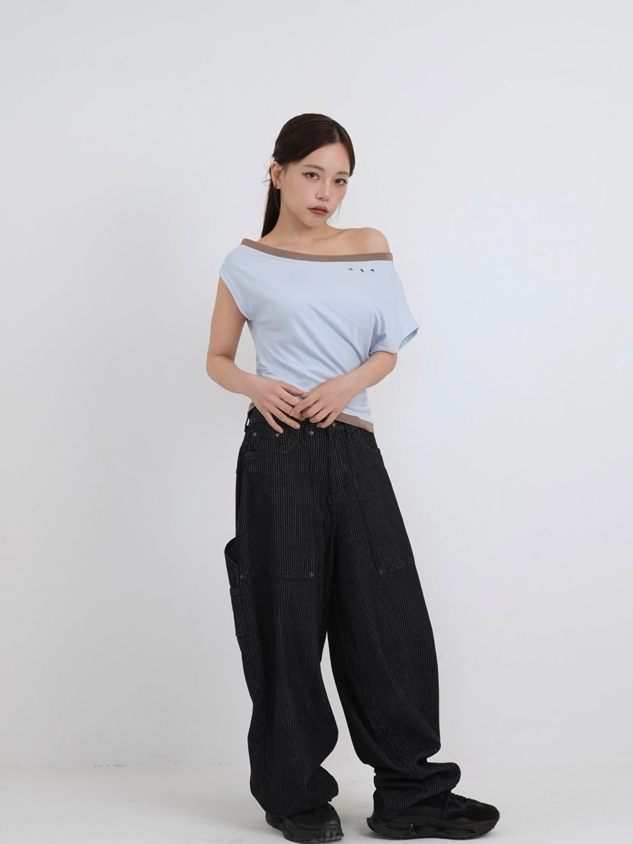 bicolor eyelet off shoulder tops