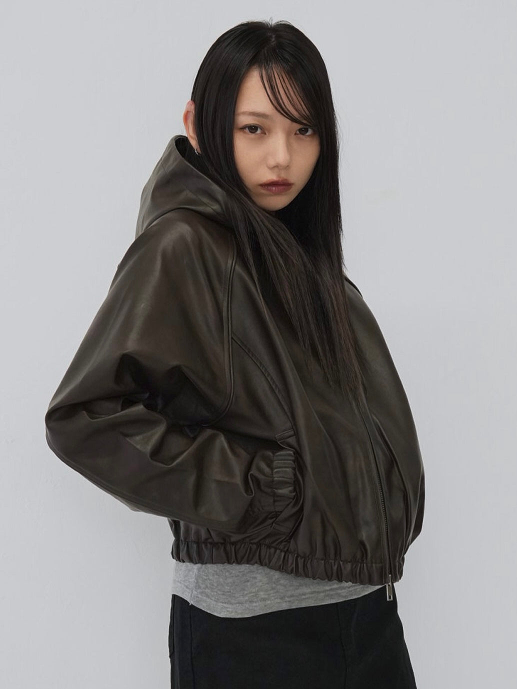 cropped hooded leather jacket