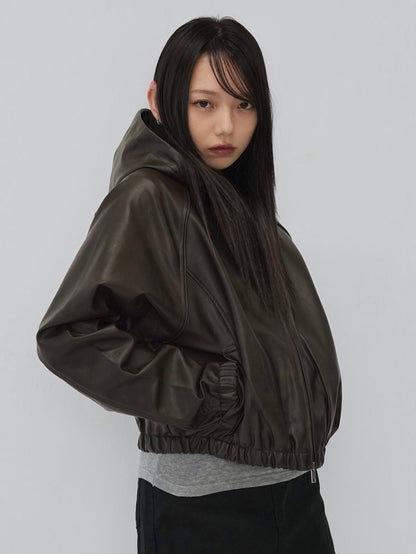 cropped hooded leather jacket