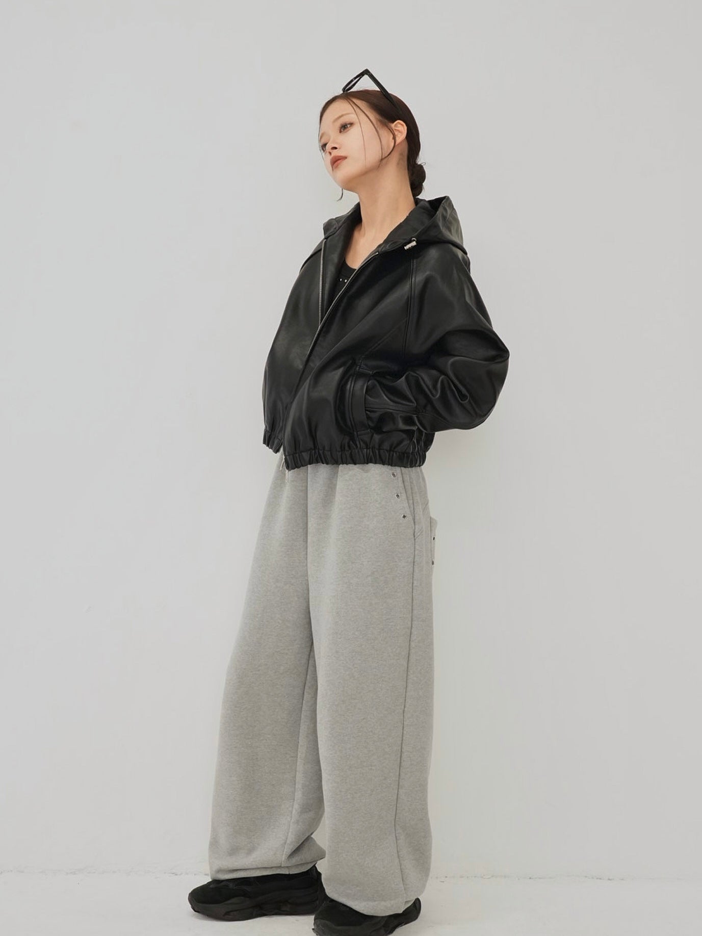 cropped hooded leather jacket