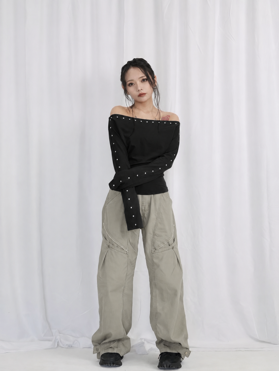 studs detail off shoulder tops