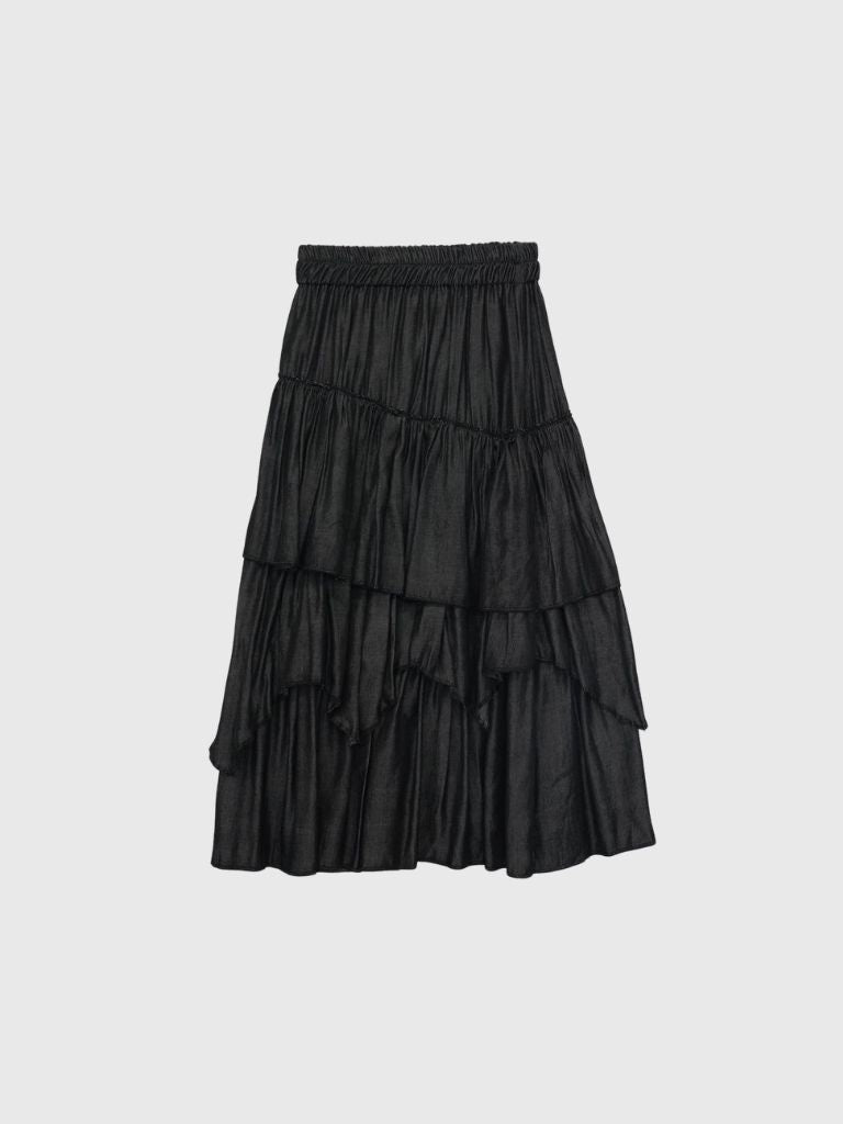volume denim tiered skirt