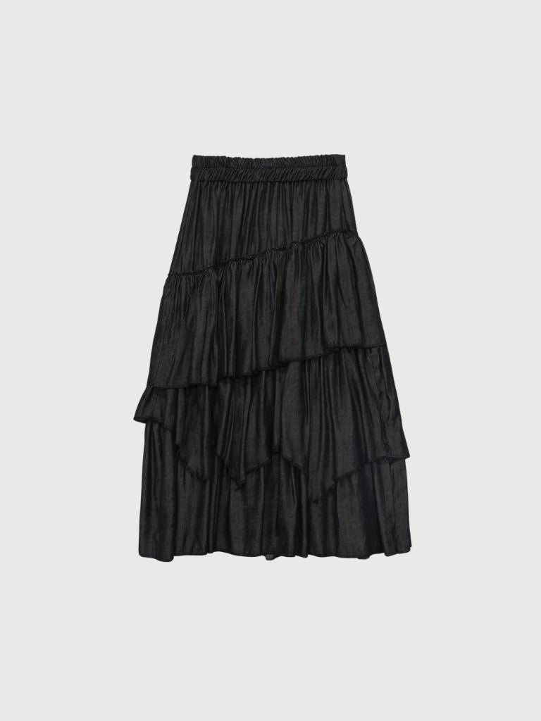 volume denim tiered skirt