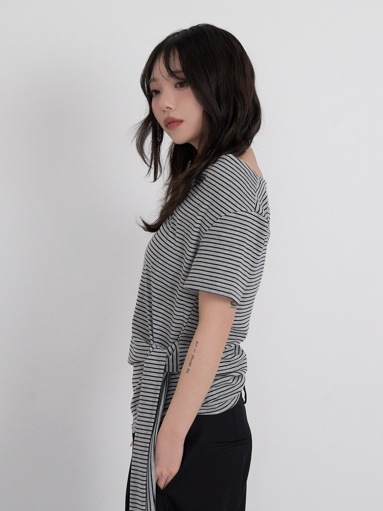 waist tie stripe tops