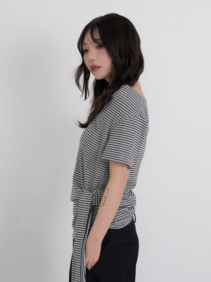 waist tie stripe tops