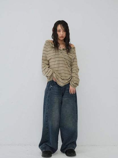 stripe button off shoulder t