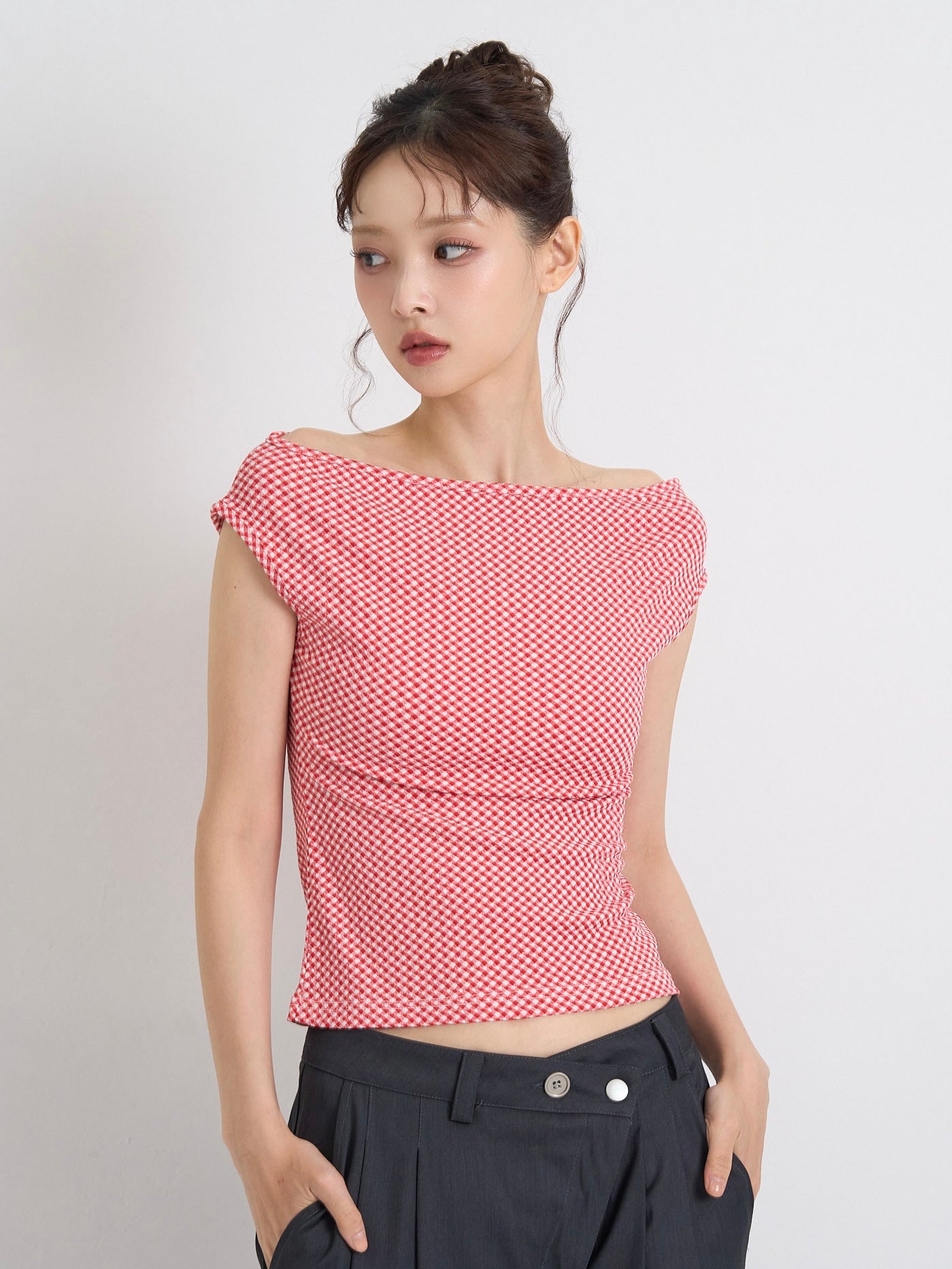 gingham off shoulder tops