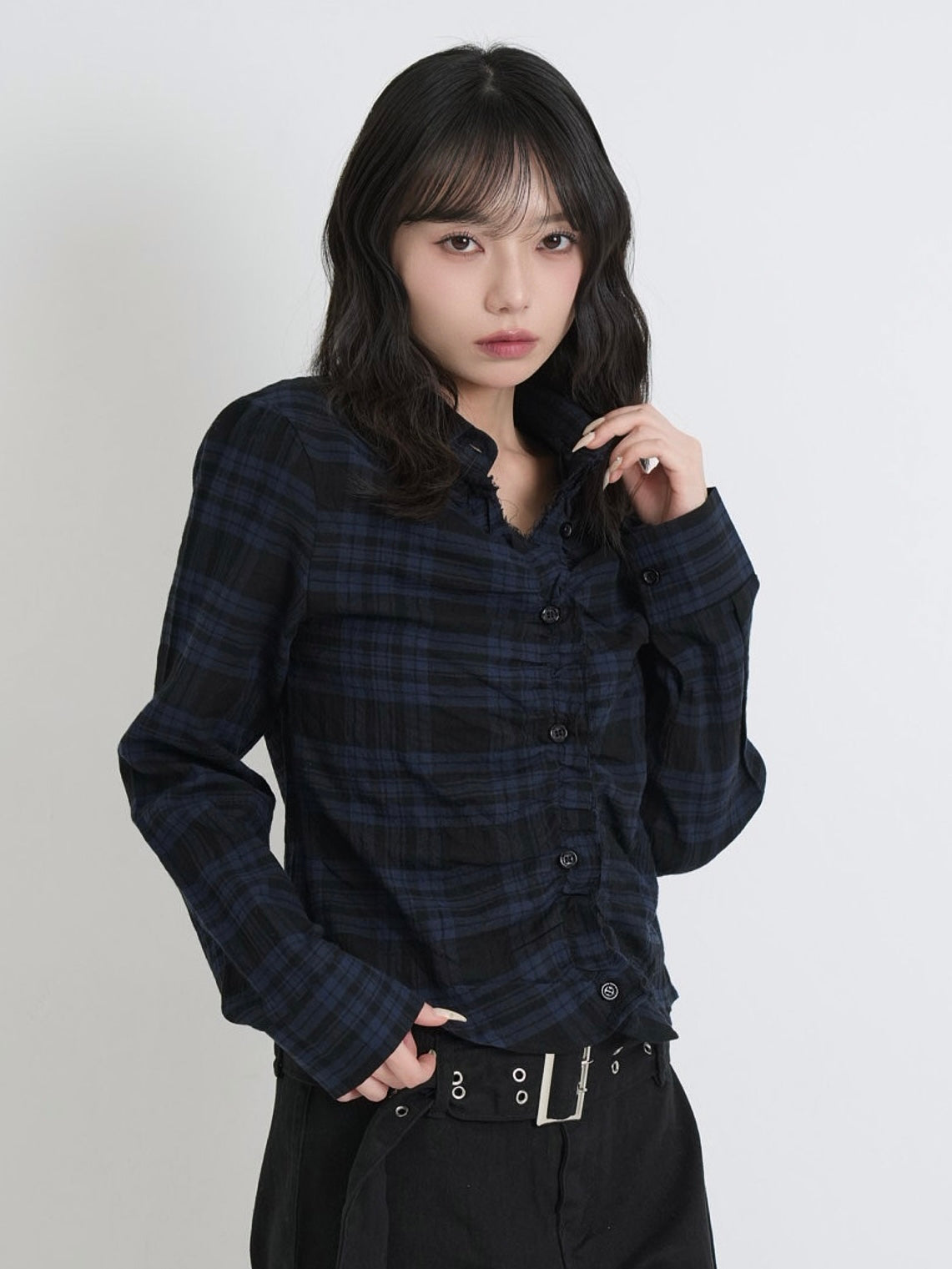 check frill blouse shirt