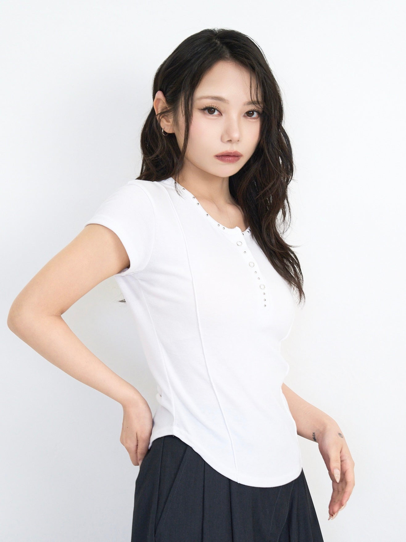 cropped stud henley tops