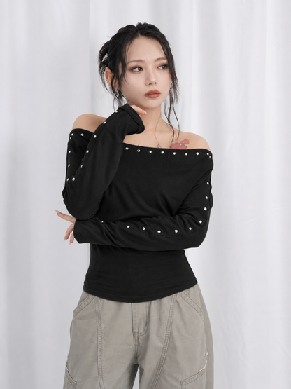 studs detail off shoulder tops